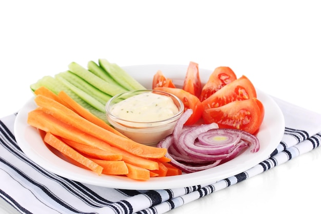 Assorted raw vegetables sticks in plate isolated on white