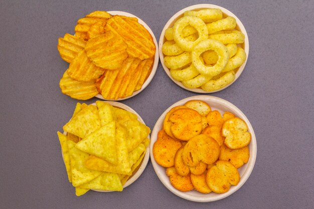 Assorted salty spiced snacks.