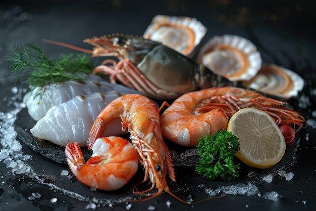 Assorted Seafood Displayed on a Black Background