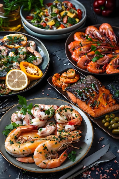 Assorted Seafood On Plates Beautiful Composition On A Served Seafood Table Squid Shrimp Salmon Stea