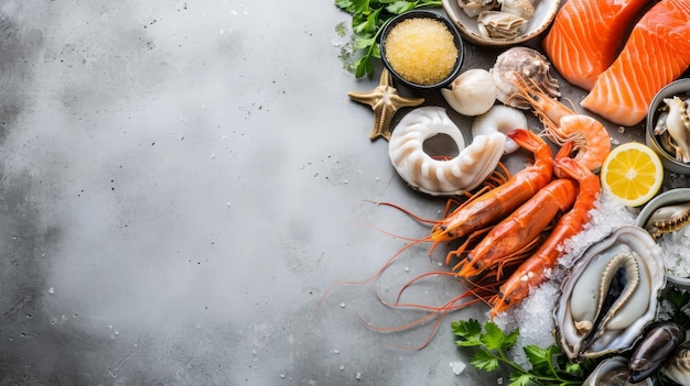 Photo assorted seafood and spices on a gray background