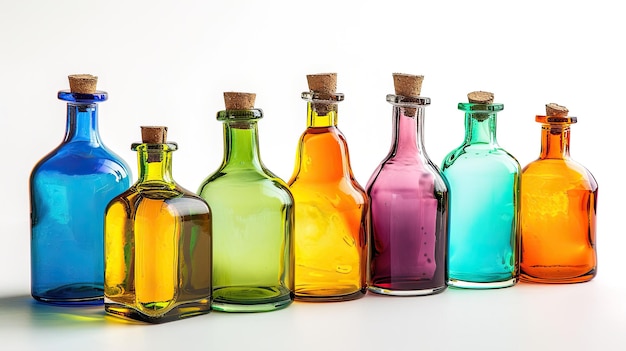 Assorted set of oil glass bottles arranged on a white background