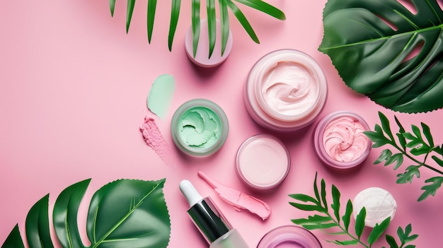 Photo assorted skincare products with green leaves on pink background