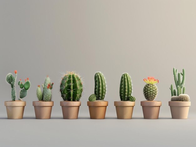 Assorted small cacti arranged in pots for display