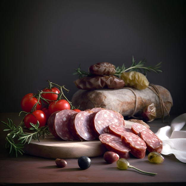 Assorted smoked sausages on dark background with copy space