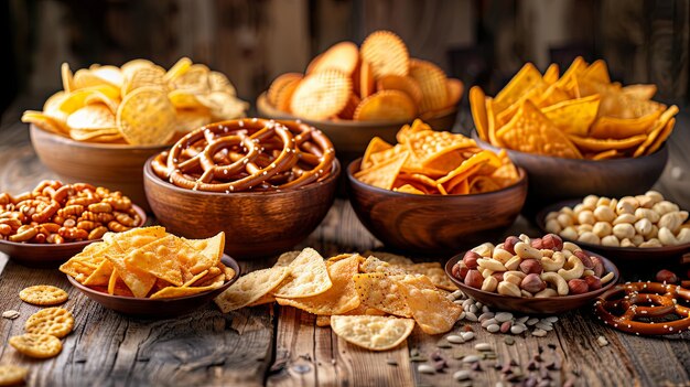 Photo assorted snacks pretzels crackers chips nuts and nachos