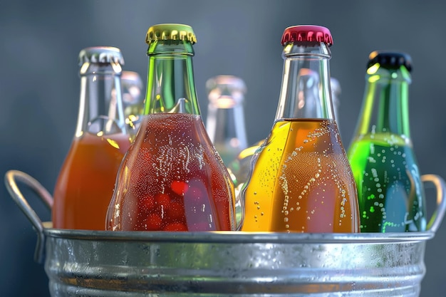 Photo assorted soda bottles in ice bucket