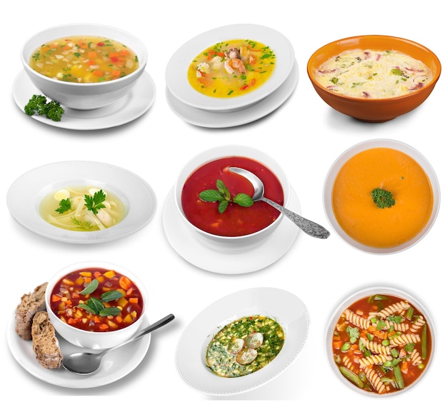 Assorted soups isolated on a white background.