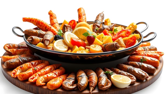 Photo assorted spanish food set paella seafood platters grilled seafood isolated with white highlights