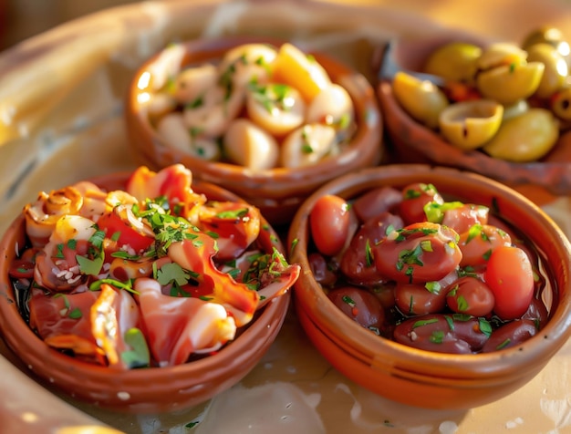 Photo assorted spanish tapas on light surface with sunlight traditional dishes