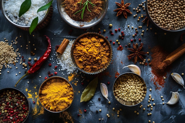 Assorted Spices in Bowls Colorful and Aromatic Culinary Ingredients for Flavorful Cooking