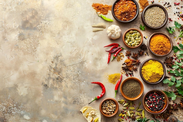 Assorted Spices in Bowls Colorful and Aromatic Culinary Ingredients for Flavorful Cooking