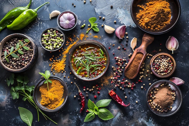 Assorted Spices in Bowls Colorful and Aromatic Culinary Ingredients for Flavorful Cooking