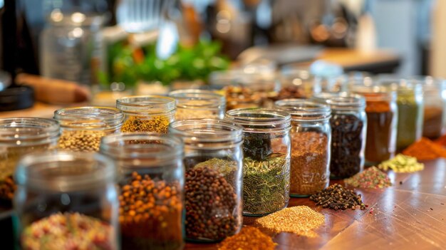 Photo assorted spices in glass jars on kitchen counter