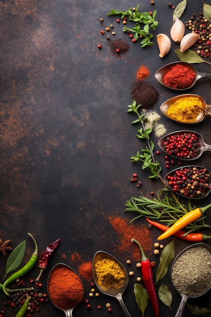 Assorted spices and herbs on dark background