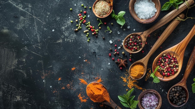 Photo assorted spices and seasonings on dark rustic surface