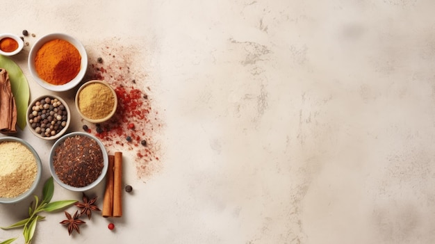 Assorted spices seasonings and herbs in bowls on a textured light surface Top view Banner with copy space Concept of culinary variety food preparation and seasoning ingredients