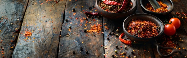 Photo assorted spices in wooden bowls on a rustic table