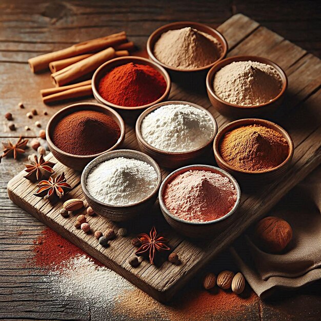 Photo assorted spices in wooden bowls on rustic wooden table various colorful spices in wooden bowls