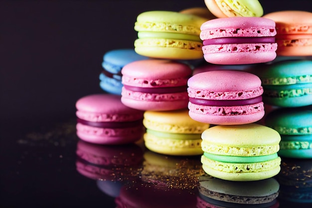 Assorted strawberry pistachio and lemon macaroons on black background