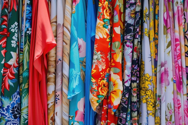 Assorted summer women s clothing in vibrant fabrics Street bazaar at Tel Aviv flea market