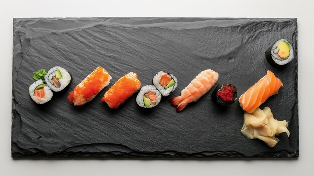 Photo assorted sushi pieces on a black slate plate including nigiri and maki rolls