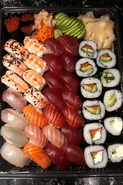 Assorted sushi platter featuring fresh salmon tuna and avocado for a delectable dining experience