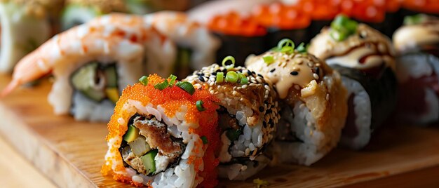 Assorted Sushi Platter with Nigiri and Rolls on Wooden Board