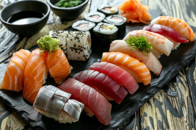 Assorted Sushi Platter with Nigiri Sashimi and Rolls on Black Stone Serving Board