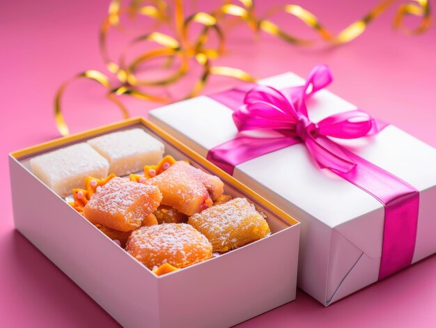 Photo assorted sweets in elegant pink gift box with ribbon