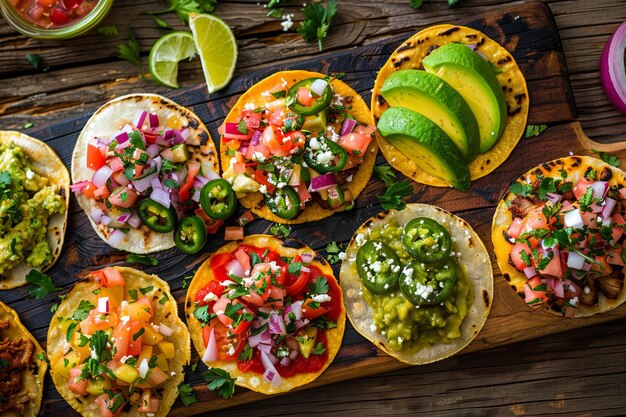 Photo assorted tacos on wooden board