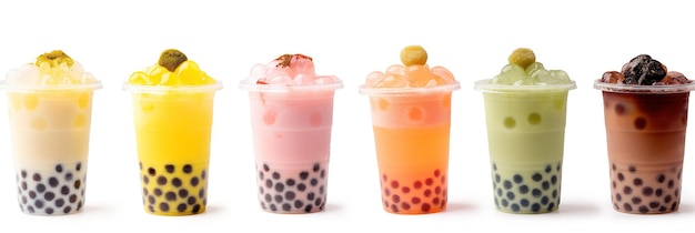 Assorted tapioca bubble tea flavors in white cups on transparent background Flavors include milk