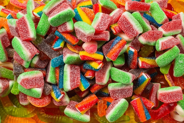 Assorted tasty gummy candies. Top view. Jelly  sweets background.