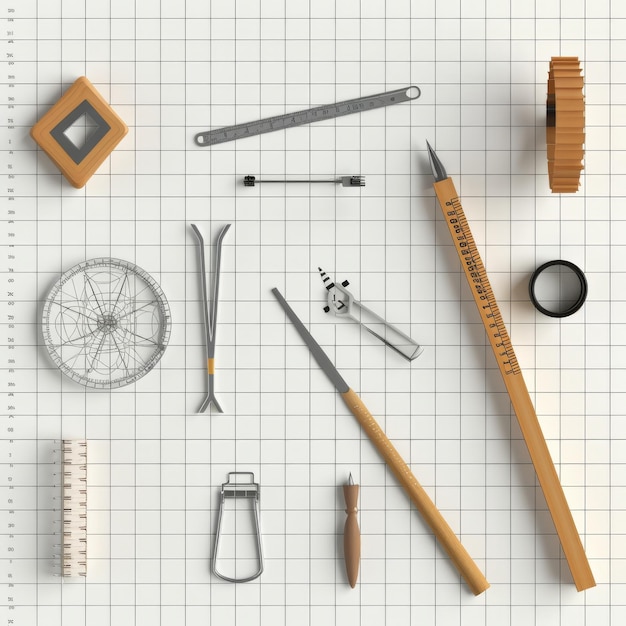 Photo assorted tools and rulers arranged on a gridded surface