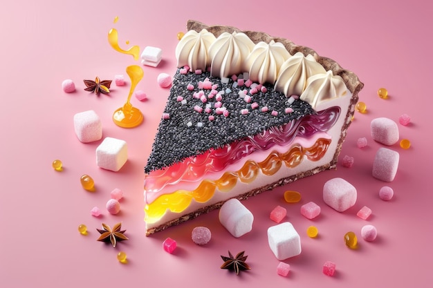 Assorted toppings on pie slice on pink background