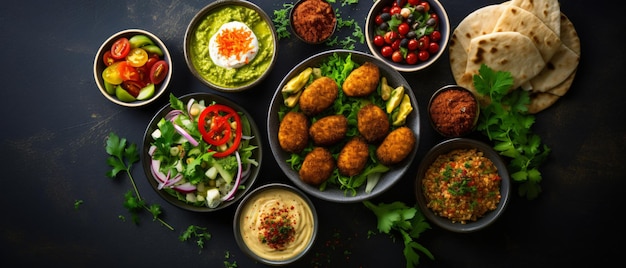 Assorted variety of arabic and middle eastern food on table