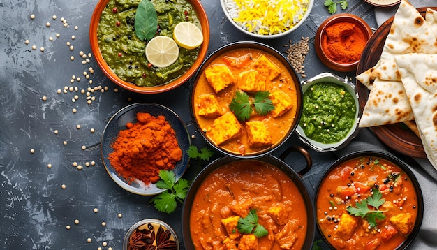 Photo assorted variety of indian dishes traditional indian food chicken tikka masala palak paneer saffron rice lentil soup pita bread and spices top view flat laycopy space