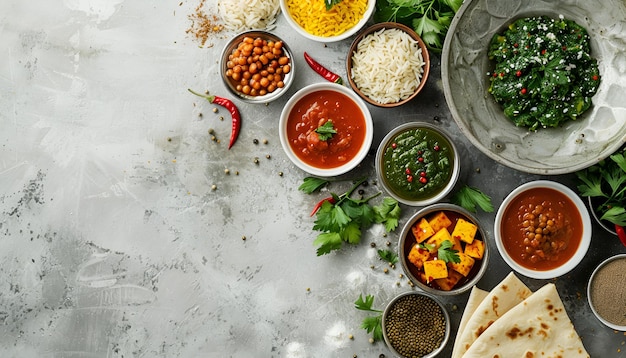 Photo assorted variety of indian dishes traditional indian food chicken tikka masala palak paneer saffron rice lentil soup pita bread and spices top view flat laycopy space