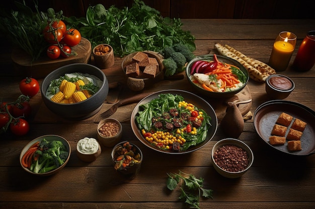 Assorted vegan dishes arranged on a rustic wooden table