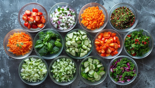 Photo assorted vegetable bowls on table