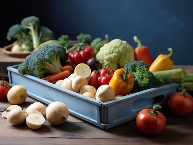 assorted vegetables with blue wooden tray