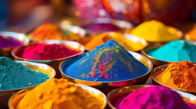 Assorted vibrant colored powders in bowls commonly used in Indias Holi festival celebrations