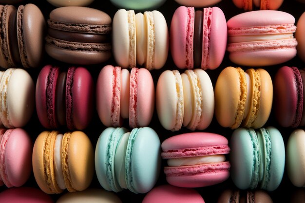 Assorted vibrant french macaroons from above full frame background for bakery confectionery banner