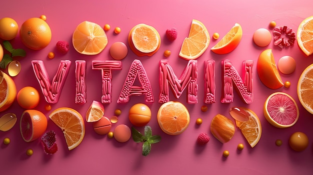 Assorted vitamin pills and fruits arranged on pink background