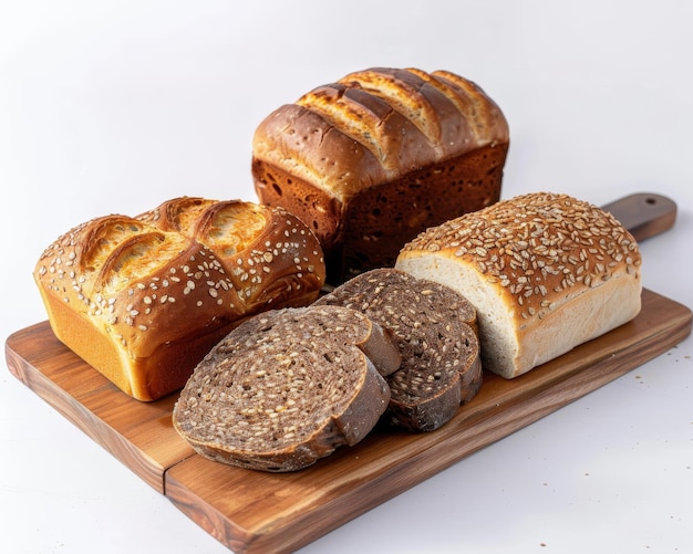 Assorted whole grain breads aesthetically set on a wooden base Emphasizing healthful tasty breakfasts