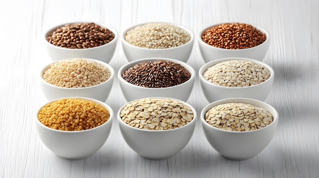 Photo assorted whole grains in white bowls on white background