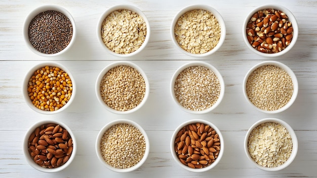 Photo assorted whole grains in white bowls on white background