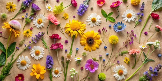 Assorted Wild Flowers on Textured Paper Background