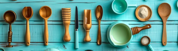 Assorted Wooden Kitchen Utensils on Turquoise Tabletop Spoons Forks and Bowls for Cooking and