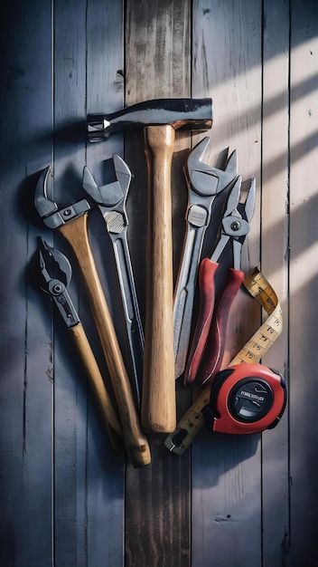 Assorted work tools on wood background